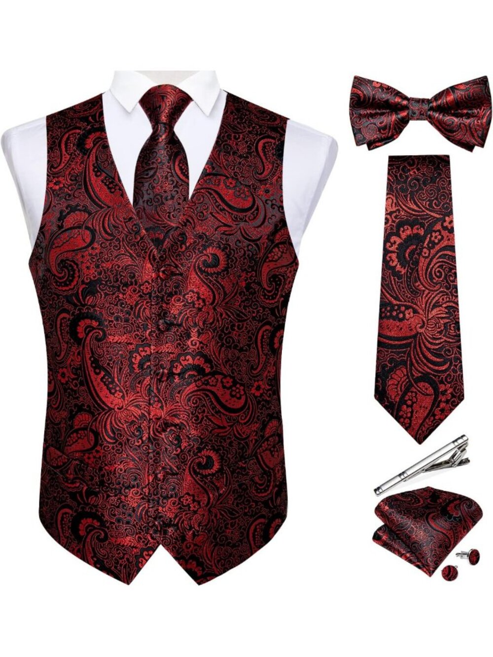 Elegant Silk Paisley Vest & Necktie Set - 6PCS Pre-tied Bow Tie for Weddings